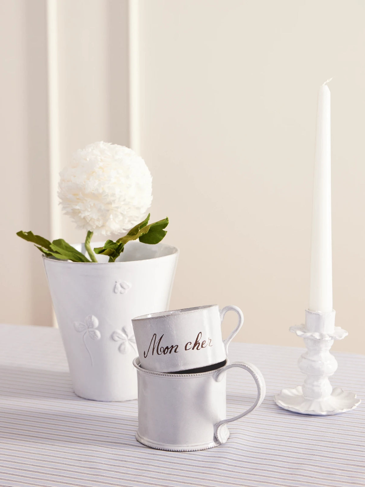 Image of Tableware. Product name - + John Derian Mon Cher Ceramic Cup in White colour by brand - Astier De Villatte