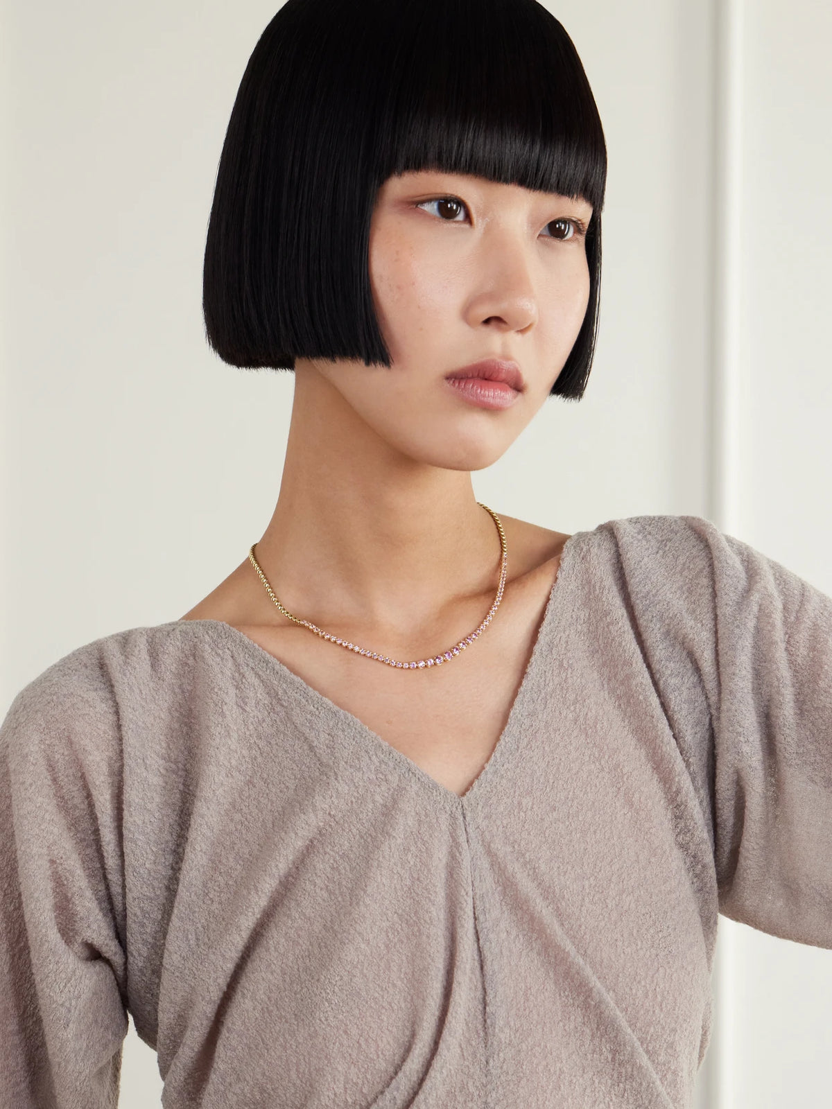 Image of Necklaces. Product name - Small 18-karat Gold Pink Sapphire Tennis Necklace in Multi colour by brand - Jennifer Meyer