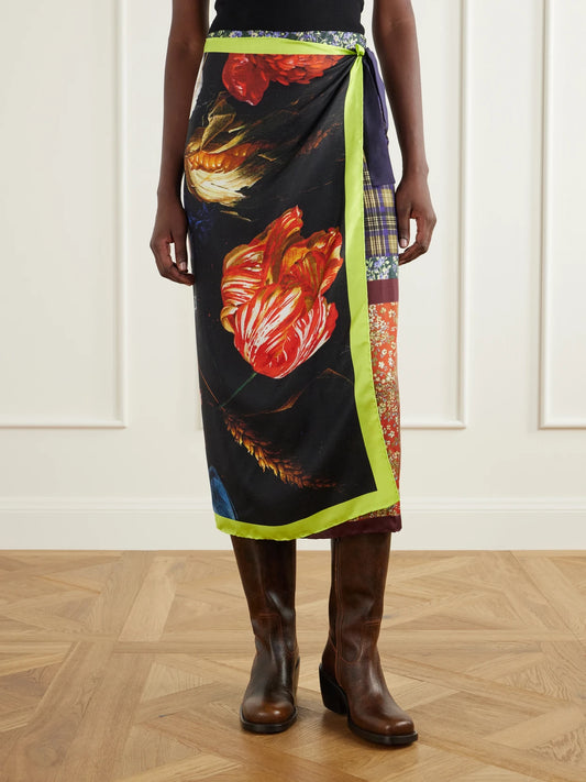 Dries Van Noten Floral-print Silk-satin Wrap Midi Skirt