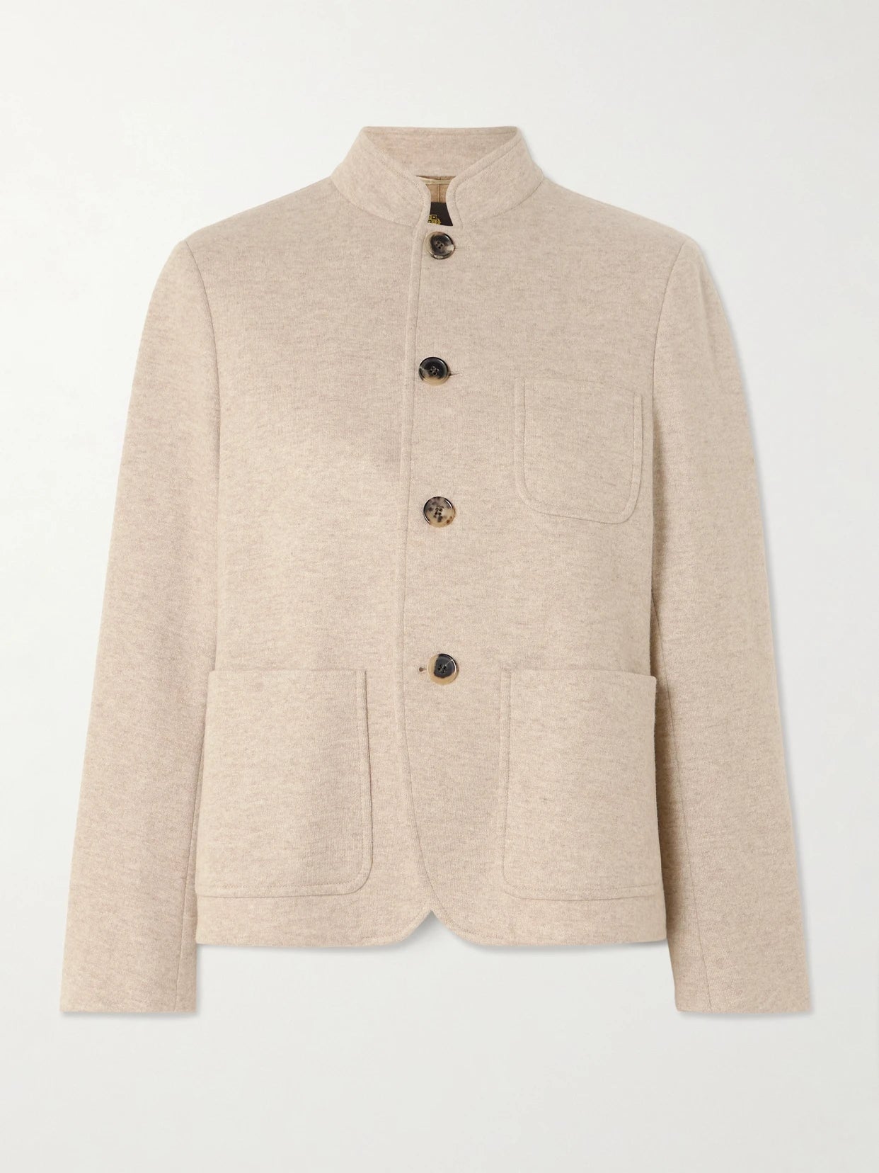 Image of a model wearing Outerwear. Product name - Mini Spagna Cashmere-blend Jacket in Beige colour by brand - Loro Piana