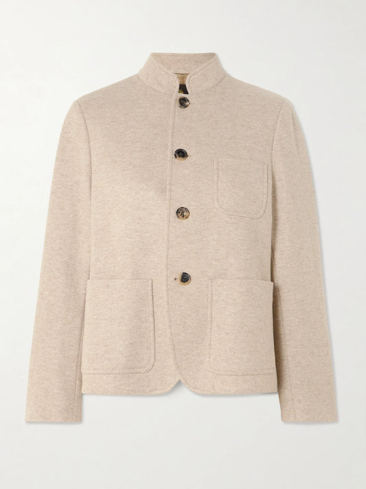 Image of a model wearing Outerwear. Product name - Mini Spagna Cashmere-blend Jacket in Beige colour by brand - Loro Piana