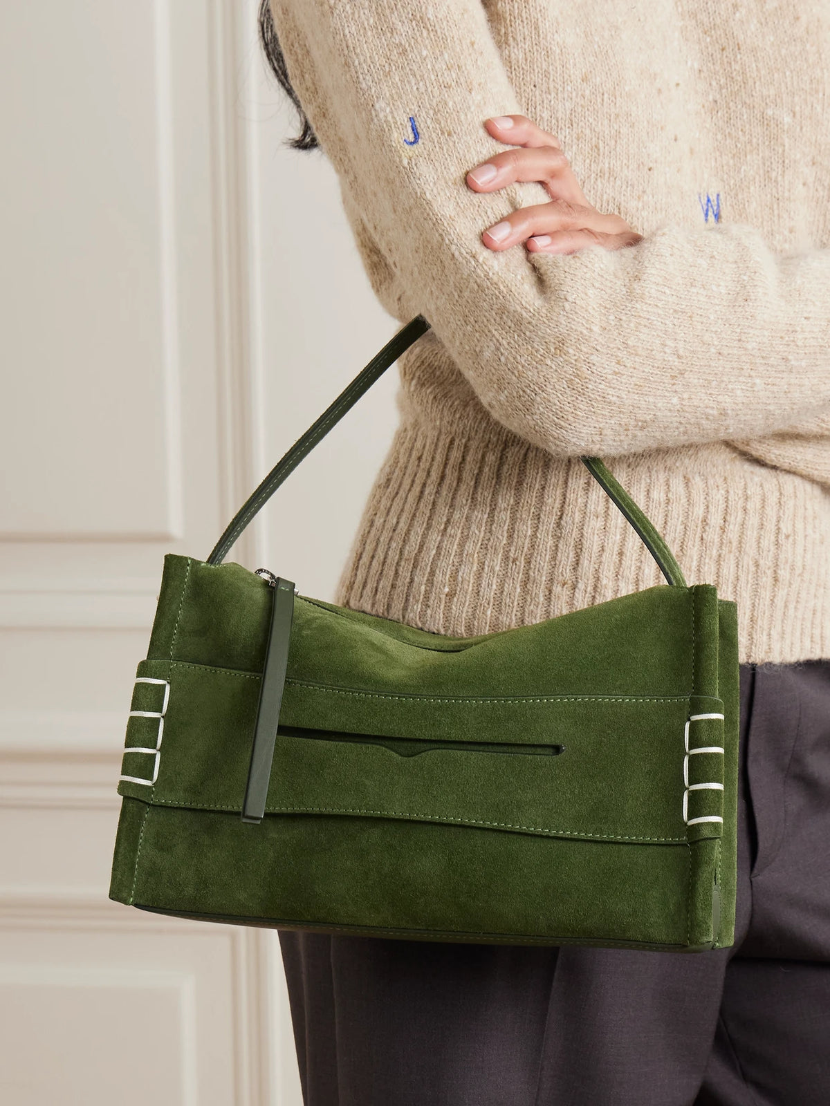 Image of Bags. Product name - Loafer Small Suede Shoulder Bag in Green colour by brand - JW Anderson