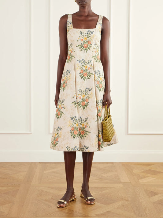 Image of Dresses. Product name - Pistilo Pleated Floral-print Cotton-poplin Midi Dress in Cream colour by brand - Agua by Agua Bendita
