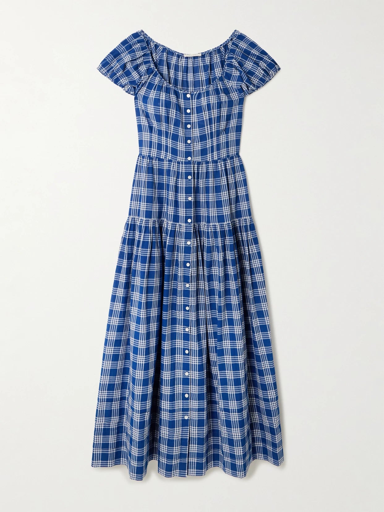 Image of Dresses. Product name - Valenne Tiered Checked Organic Cotton Midi Dress in Blue colour by brand - DÔEN