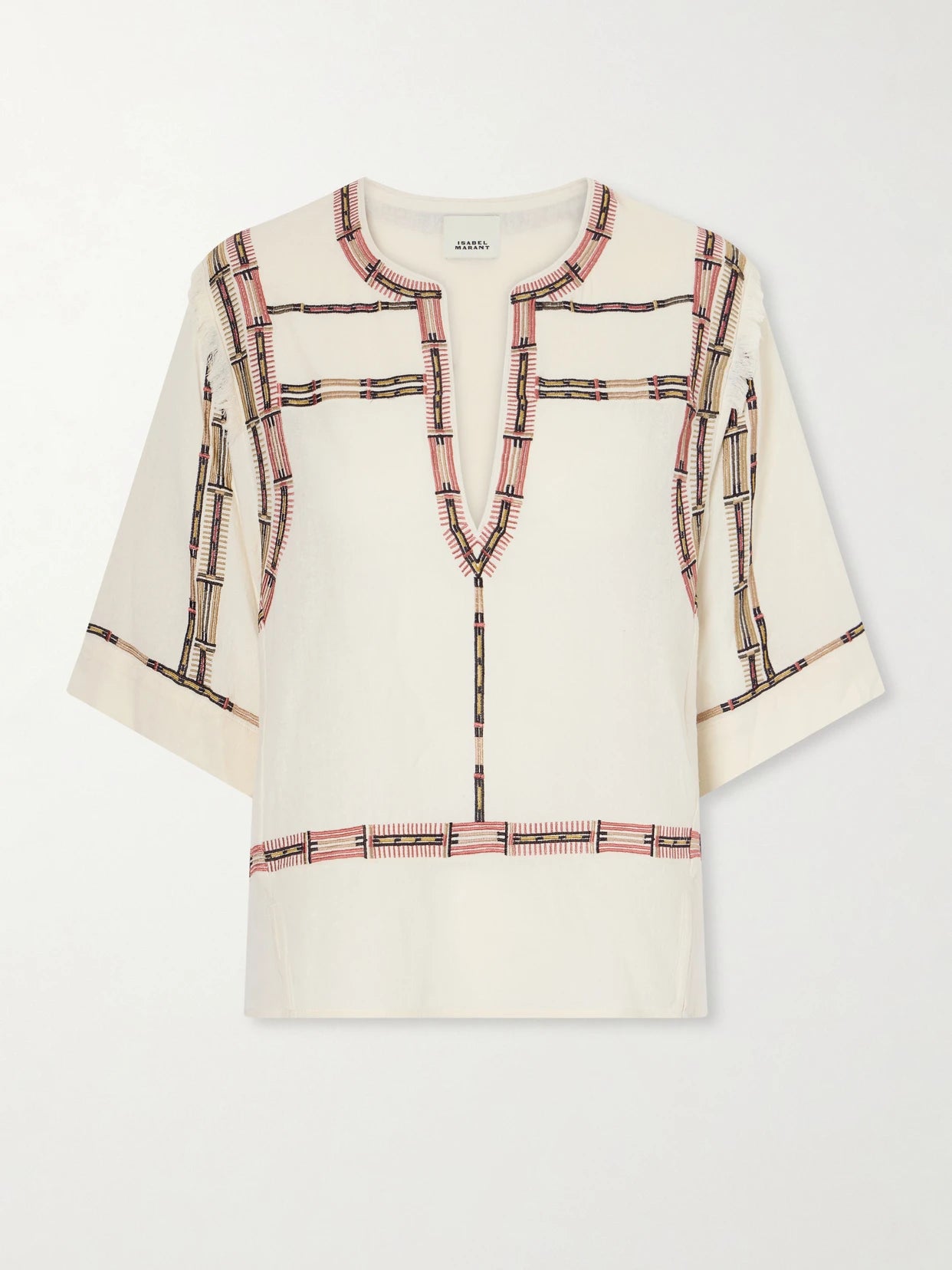 Image of a model wearing Tops. Product name - Fiosa Embroidered Silk Blouse in Ecru colour by brand - ISABEL MARANT