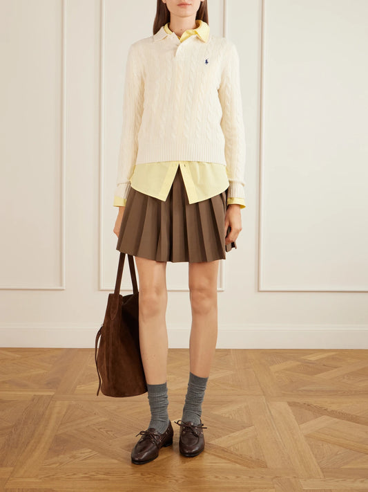 Image of a model wearing Outerwear. Product name - Cable-knit Wool And Cashmere-blend Polo Sweater in Cream colour by brand - Polo Ralph Lauren