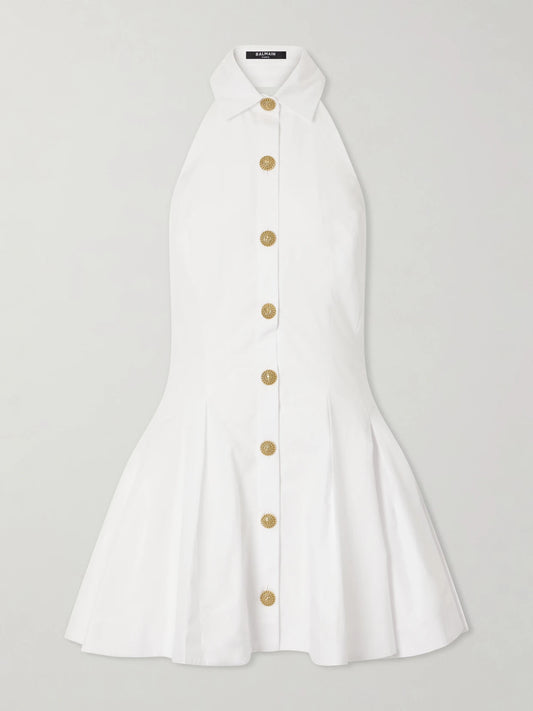 Image of Dresses. Product name - Halterneck Cotton-poplin Mini Dress in White colour by brand - Balmain