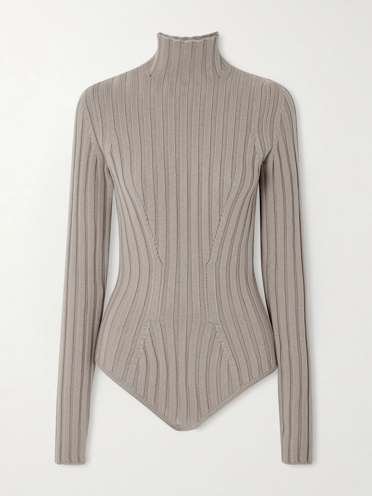 Image of a model wearing Tops. Product name - Ribbed Wool Turtleneck Bodysuit in Taupe colour by brand - Alaïa