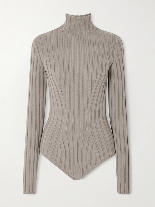 Image of a model wearing Tops. Product name - Ribbed Wool Turtleneck Bodysuit in Taupe colour by brand - Alaïa