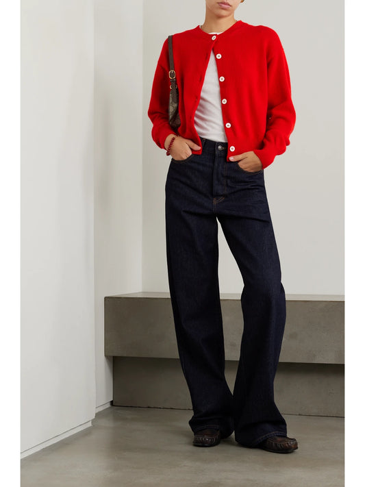Image of a model wearing Outerwear. Product name - + Net Sustain Ada Wool Cardigan in Red colour by brand - &Daughter