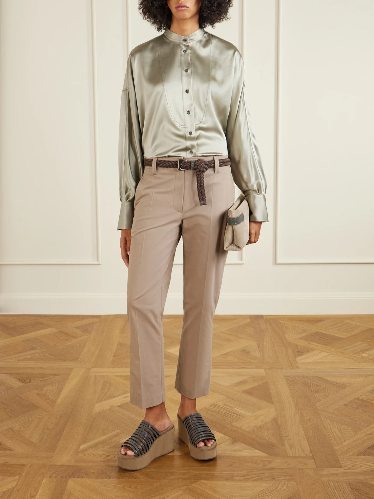 Image of Heels. Product name - 80 Embellished Suede Platform Mules in Black colour by brand - Brunello Cucinelli