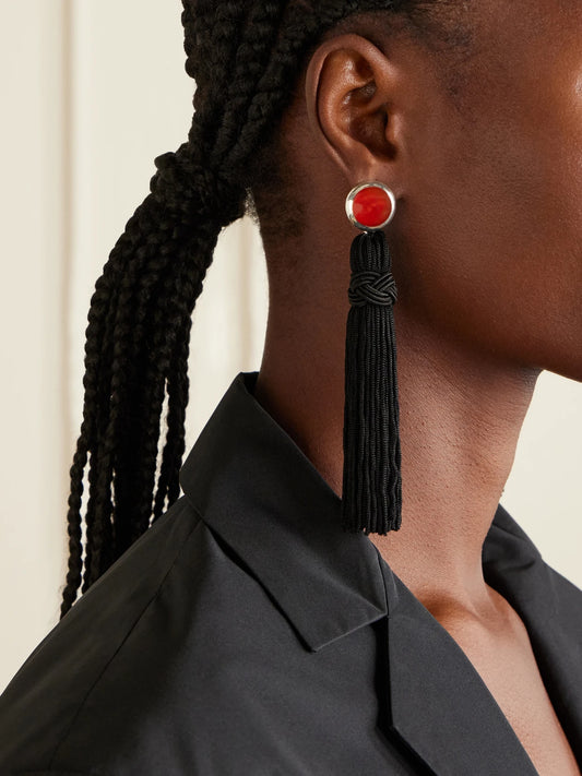 Image of Earrings. Product name - Cleo Tasseled Silver And Cornelian Earrings in Red colour by brand - Sophie Buhai