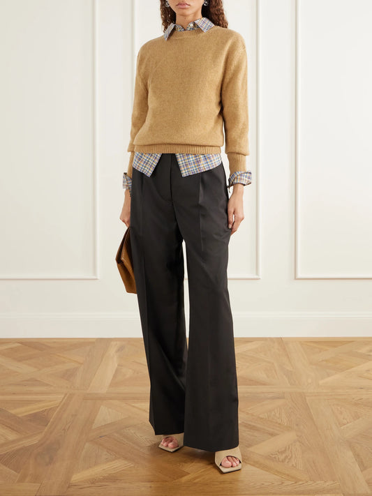 Image of a model wearing Outerwear. Product name - Knot-detailed Grosgrain-trimmed Cashmere Sweater in Tan colour by brand - LANVIN