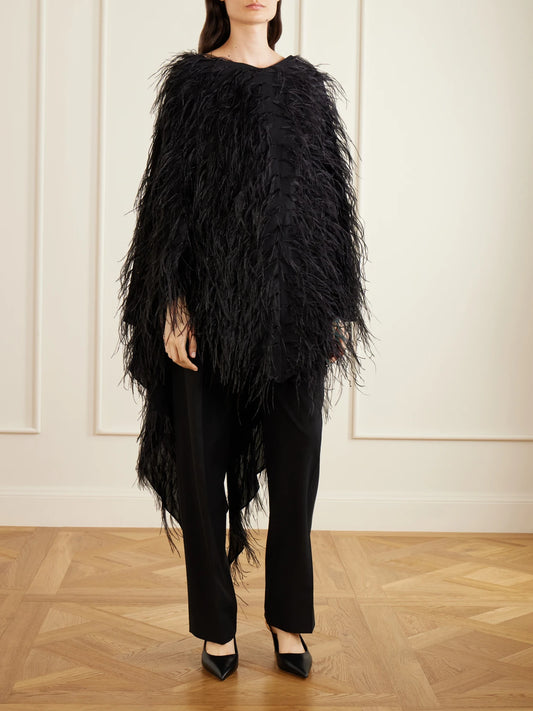 Image of Coats & Jackets. Product name - Feathers-embellished Silk Cape in Black colour by brand - Sharon Wauchob