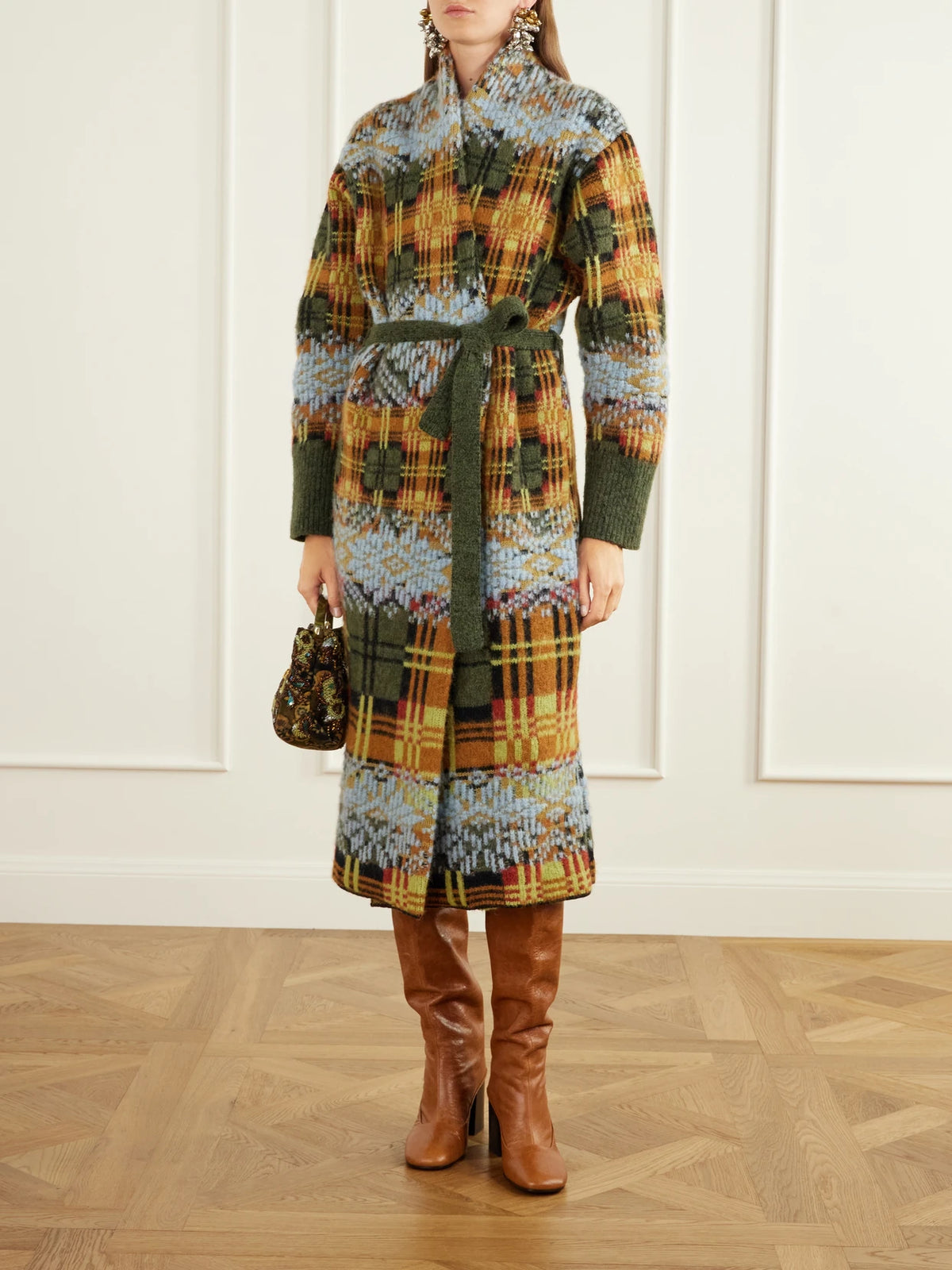 Image of Coats & Jackets. Product name - Belted Checked Jacquard-knit Wool-blend Cardigan in Multi colour by brand - Dries Van Noten