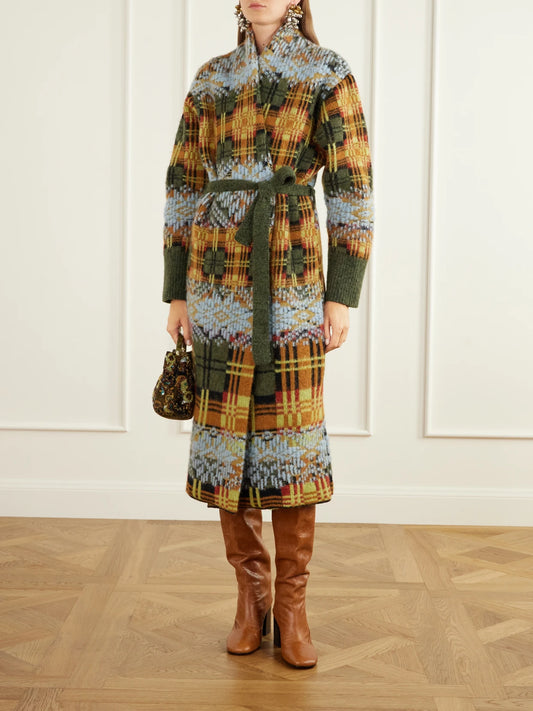 Image of Coats & Jackets. Product name - Belted Checked Jacquard-knit Wool-blend Cardigan in Multi colour by brand - Dries Van Noten