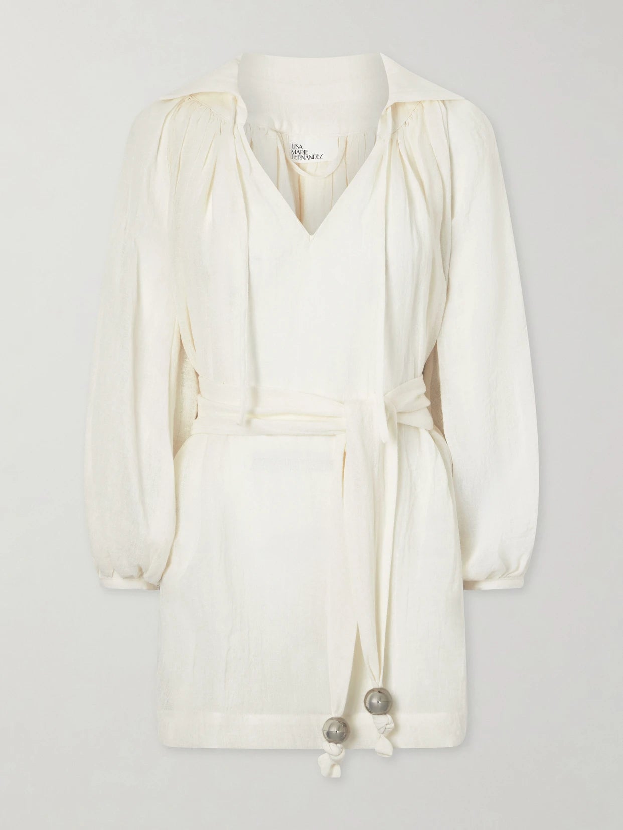 Image of Dresses. Product name - Poet Belted Linen Mini Dress in White colour by brand - Lisa Marie Fernandez