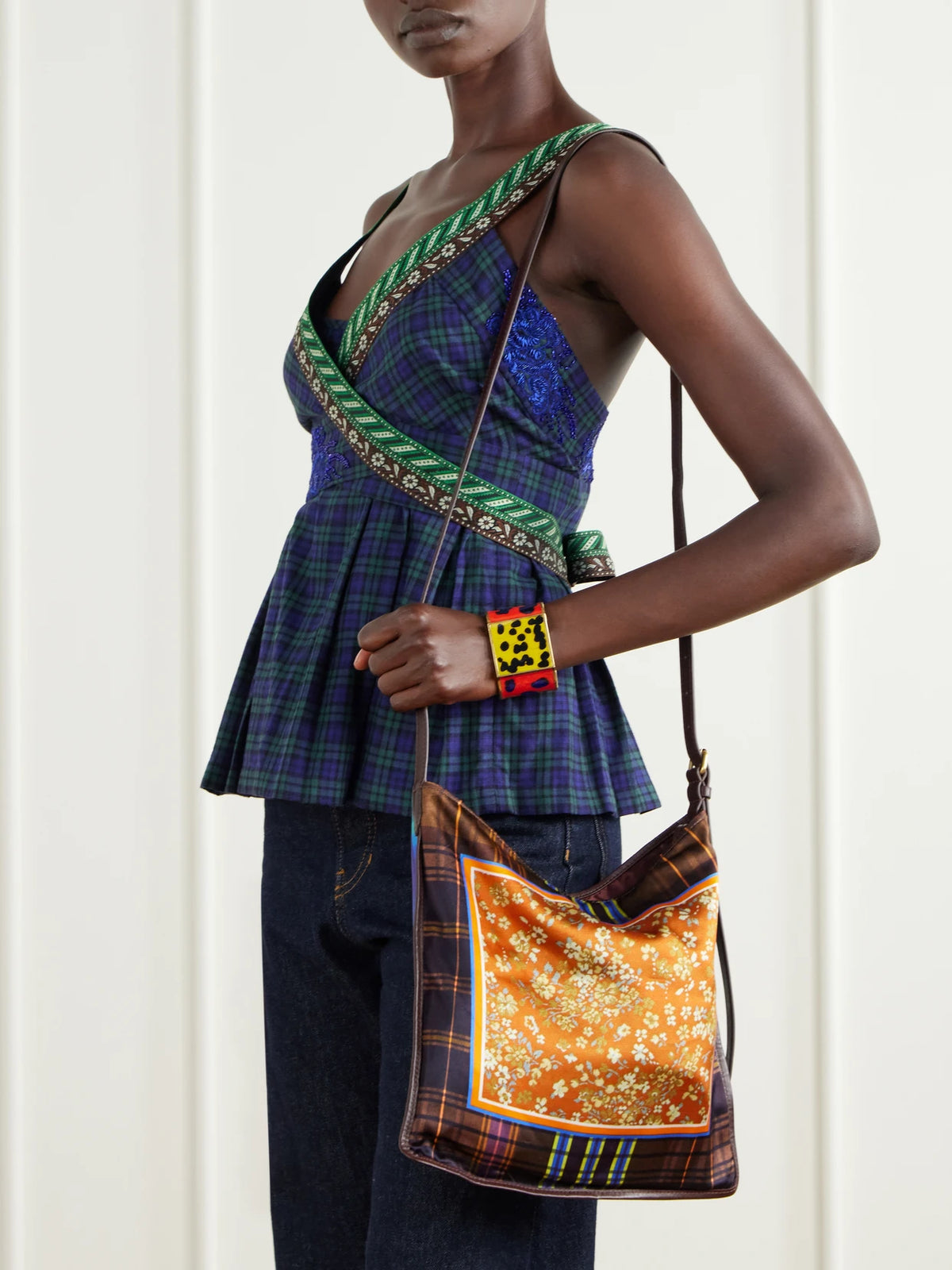 Image of Bags. Product name - Printed Small Leather-trimmed Satin Shoulder Bag in Red colour by brand - Dries Van Noten