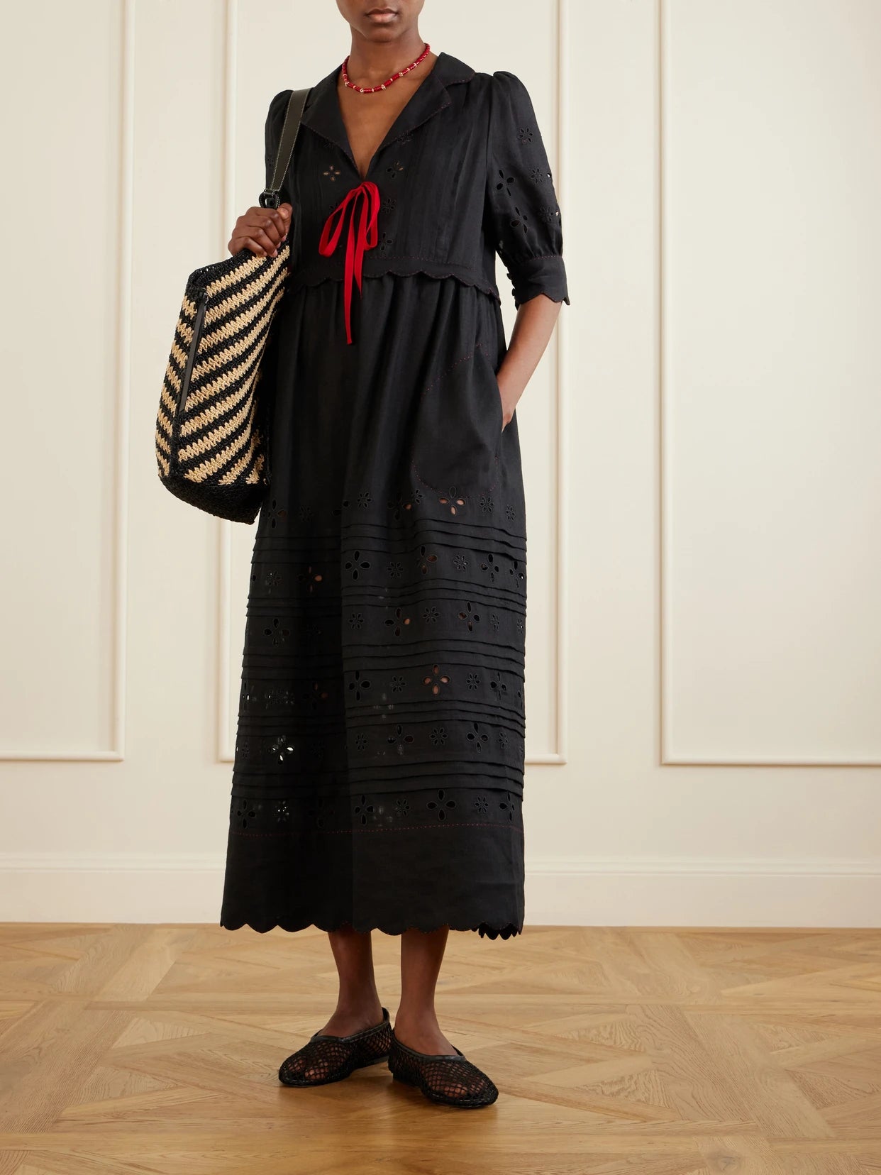 Image of Dresses. Product name - Bari Tie-detailed Broderie Anglaise-trimmed Linen Midi Dress in Black colour by brand - Vita Kin