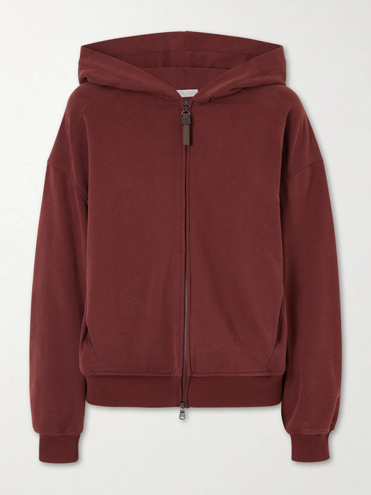 Image of Sleepwear & Loungewear. Product name - Bead-embellished Cotton-jersey Zip-up Hoodie in Burgundy colour by brand - Brunello Cucinelli