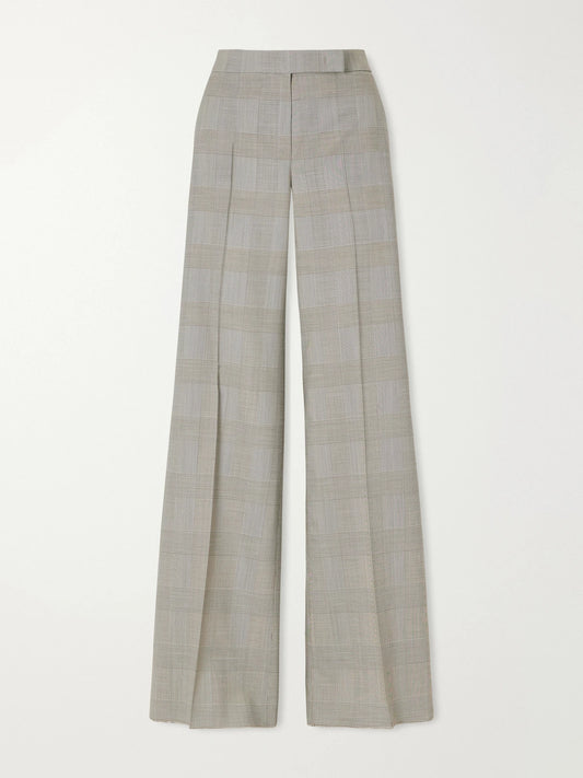 Image of a model wearing Pants. Product name - Logo-print Checked Wool Wide-leg Pants in Gray colour by brand - Max Mara