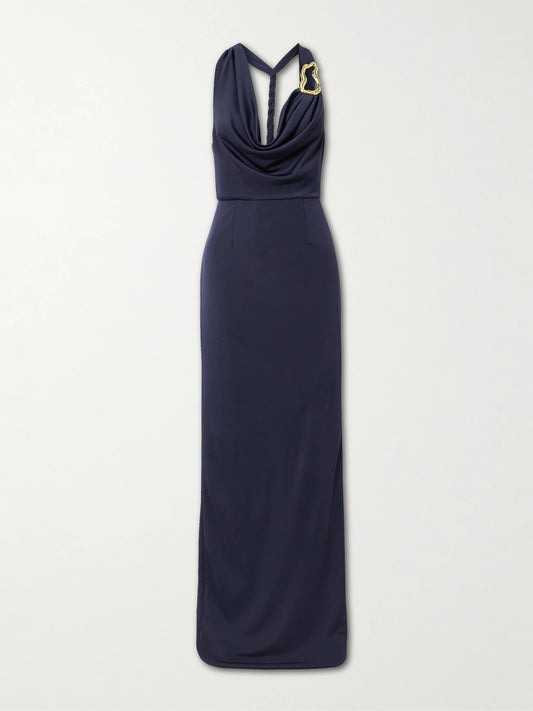 Image of Dresses. Product name - Ayesha Draped Embellished Stretch Satin-jersey Halterneck Gown in Navy colour by brand - Rebecca Vallance