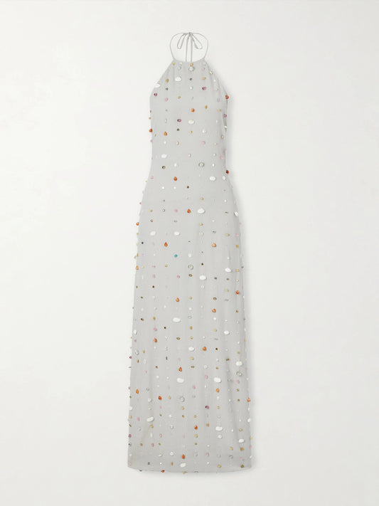 Francine Pearl-embellished Crinkled-shell Halterneck Dress