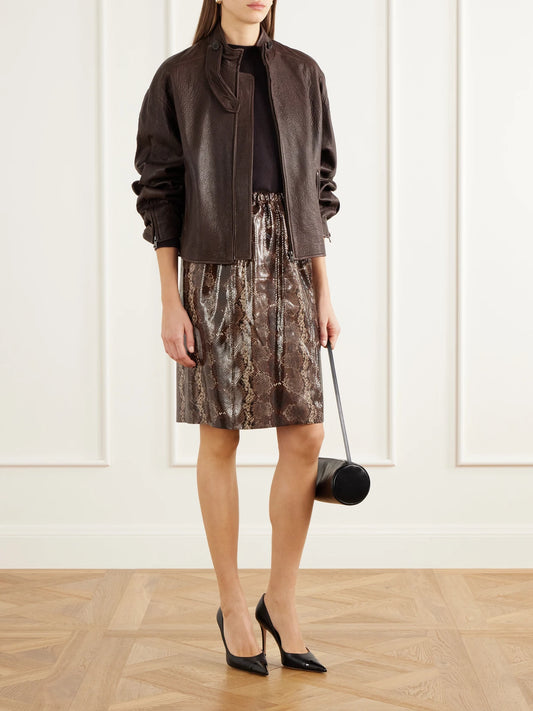 Image of Coats & Jackets. Product name - Vito Full-grain Leather Jacket in Brown colour by brand - Nour Hammour