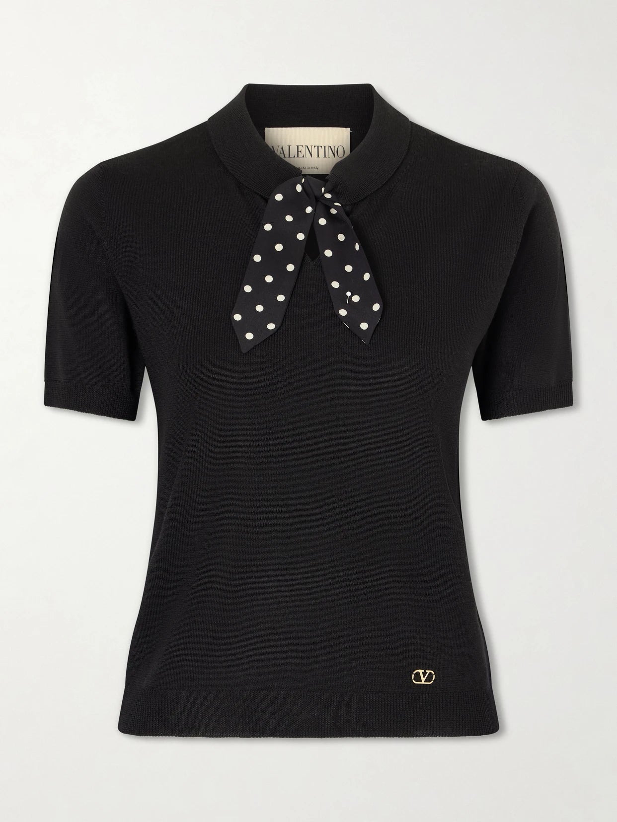 Image of a model wearing Outerwear. Product name - Silk-trimmed Wool-blend Knit Polo Shirt in Black colour by brand - Valentino Garavani