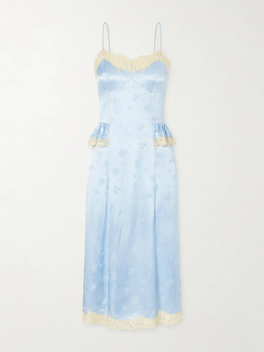 DÔEN Lise Lace-trimmed Floral-jacquard Satin Midi Dress