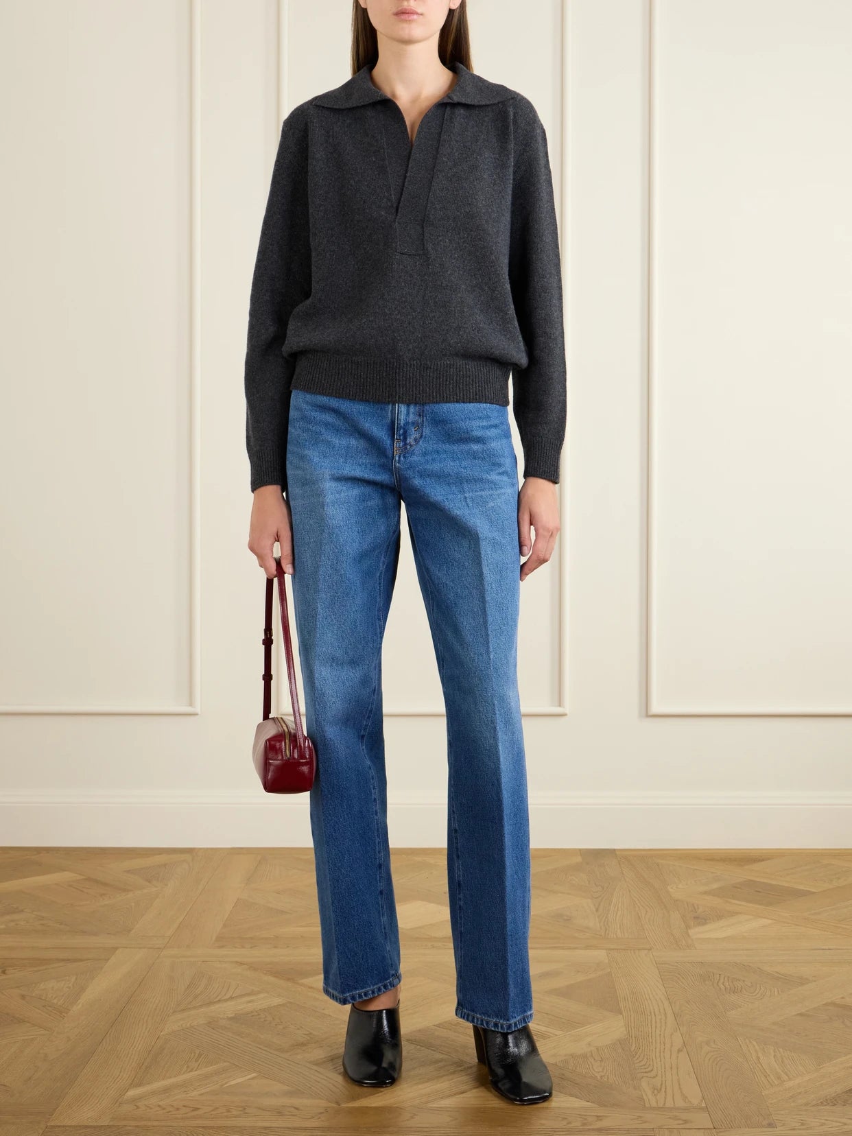 Image of a model wearing Outerwear. Product name - Genevieve Wool And Cashmere Polo Sweater in Gray colour by brand - Victoria Beckham
