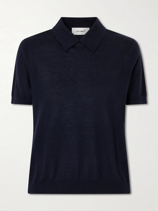 Image of a model wearing Outerwear. Product name - Naara Cashmere Polo T-shirt in Navy colour by brand - LISA YANG