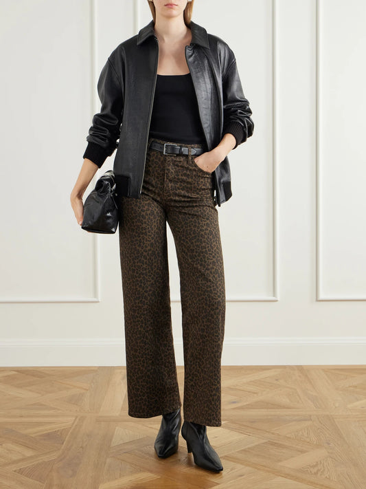 Image of Jeans. Product name - Le Slim Palazzo Leopard-print High-rise Flared Jeans in Leopard print colour by brand - FRAME
