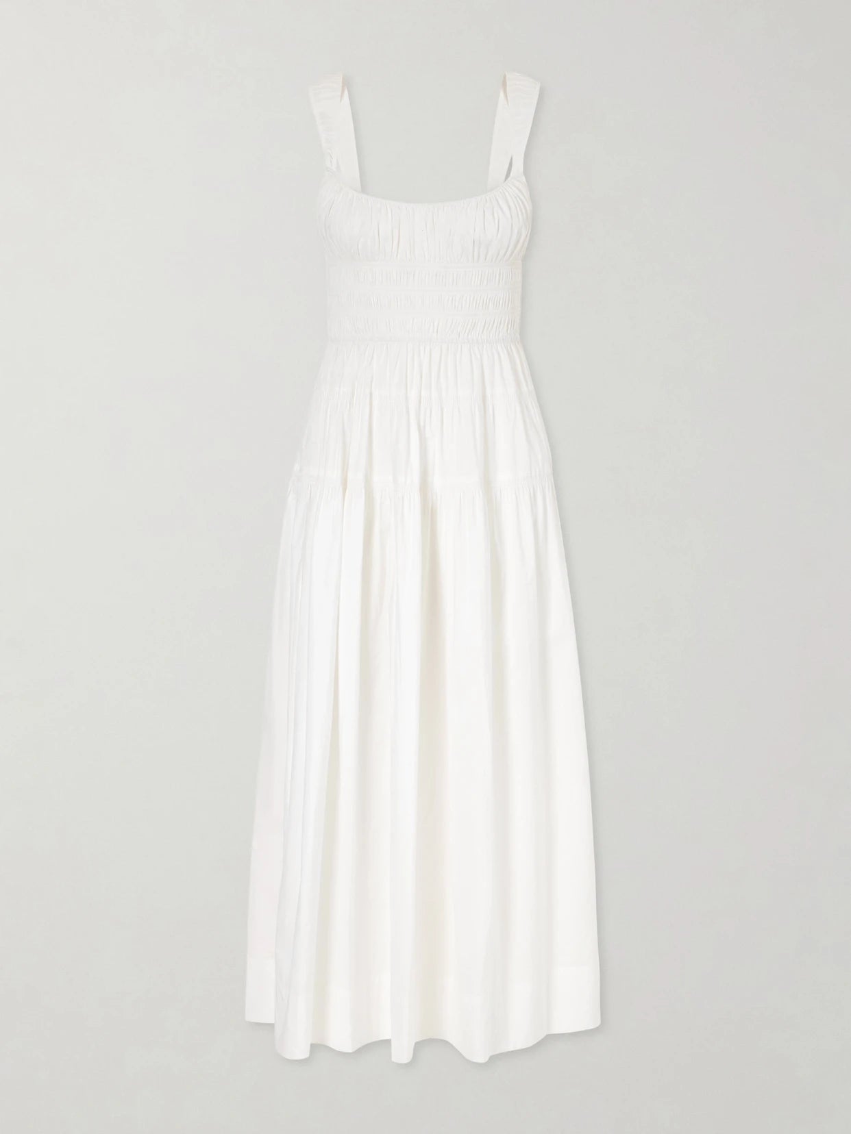 Image of Dresses. Product name - Clover Shirred Organic Cotton-poplin Midi Dress in White colour by brand - DÔEN
