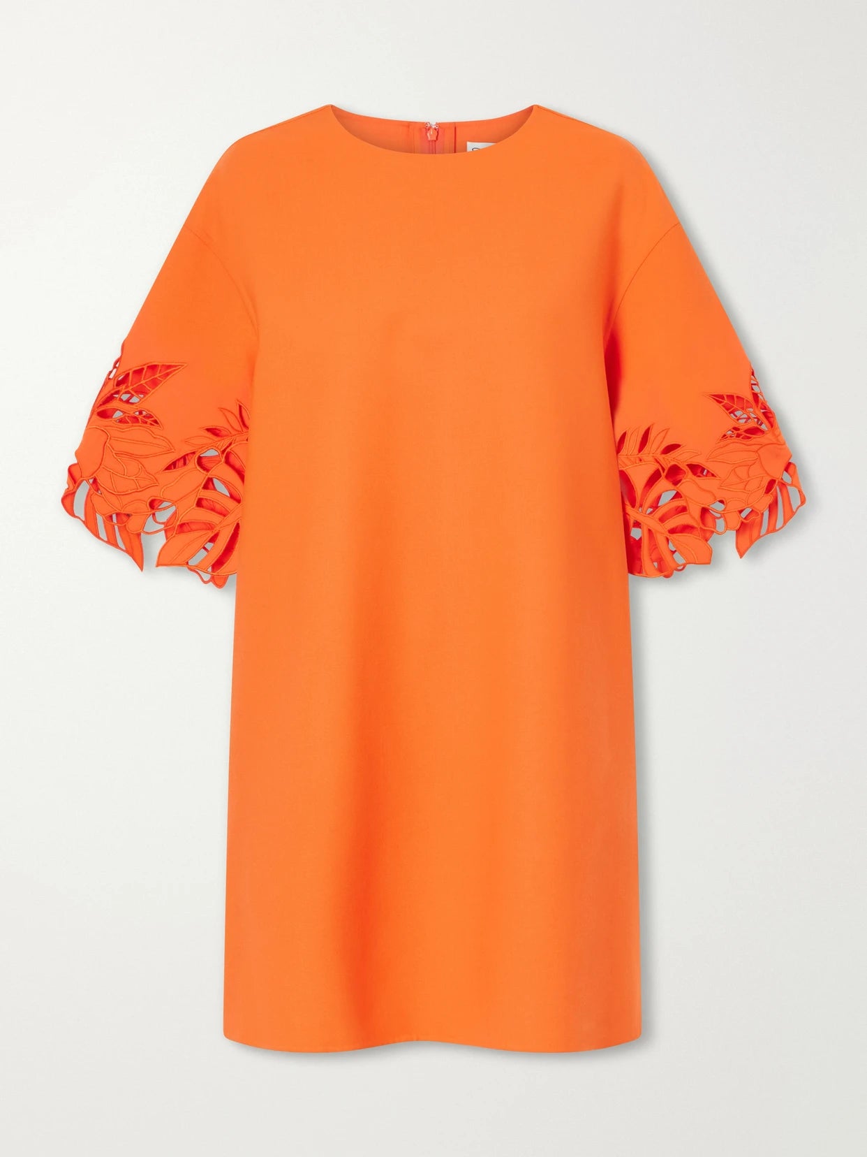 Image of Dresses. Product name - Embroidered Cut-out Wool-blend Mini Dress in Coral colour by brand - Oscar de la Renta