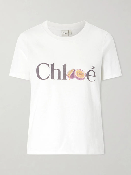 Image of a model wearing Tops. Product name - Printed Organic Cotton-jersey T-shirt in White colour by brand - Chloé