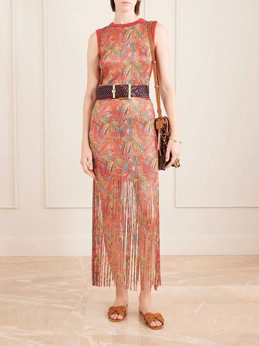 Image of Dresses. Product name - Belted Fringed Jacquard-knit Midi Dress in Red colour by brand - Etro