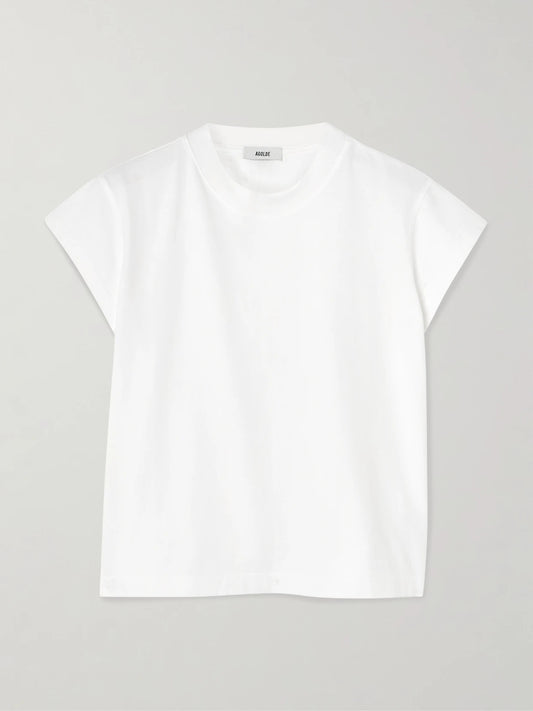 Image of a model wearing Tops. Product name - Bryce Cotton-jersey T-shirt in White colour by brand - AGOLDE