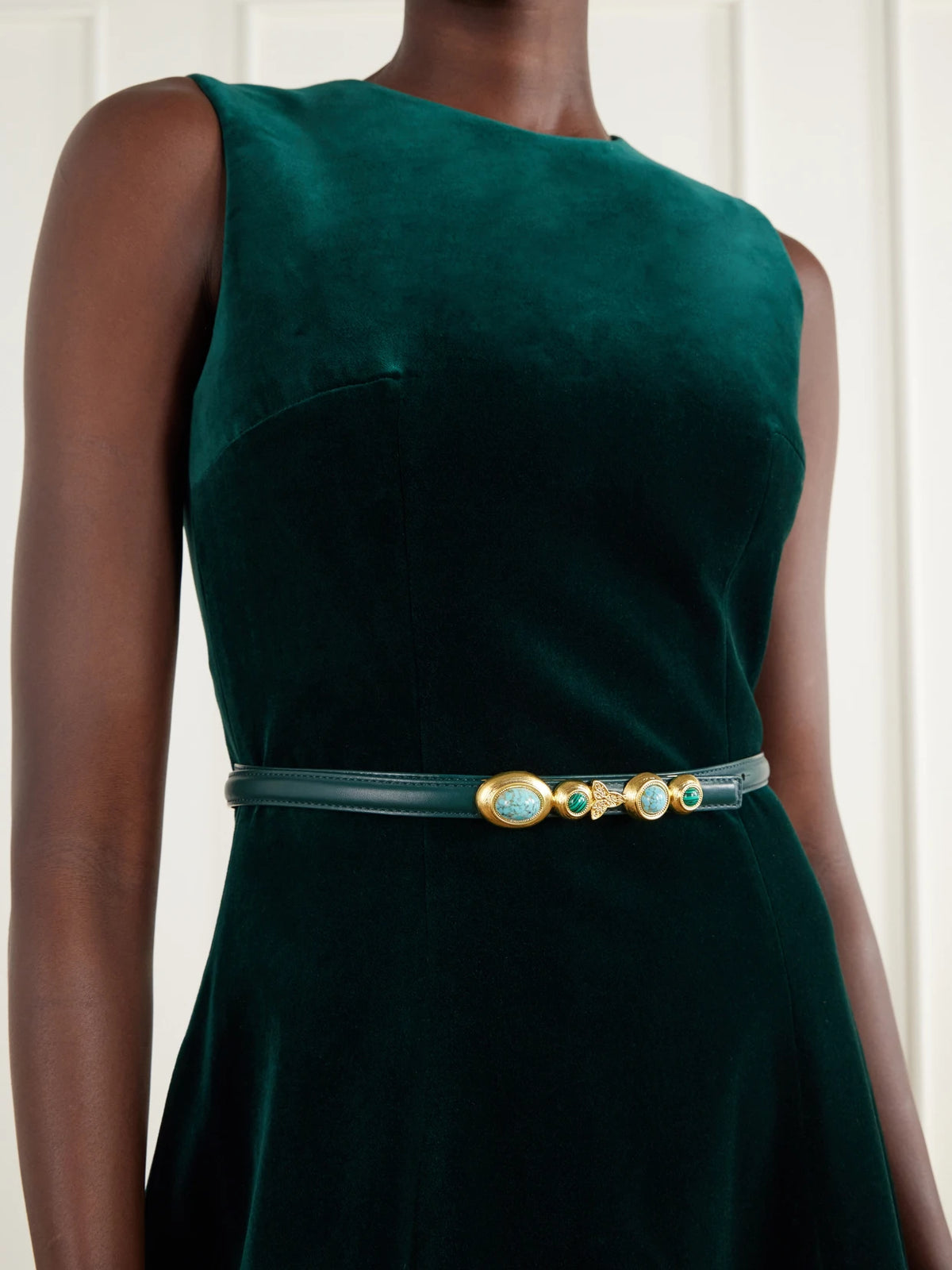 Image of Belts. Product name - Earth Narrow Embellished Leather Belt in Forest green colour by brand - Sonia Petroff