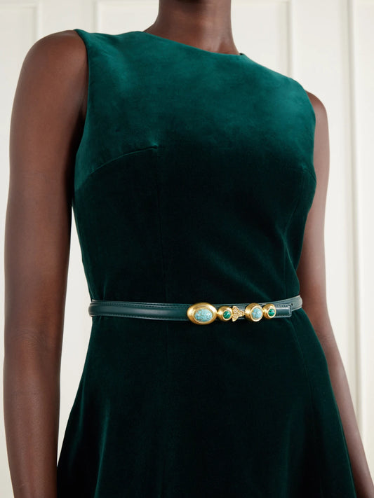 Image of Belts. Product name - Earth Narrow Embellished Leather Belt in Forest green colour by brand - Sonia Petroff