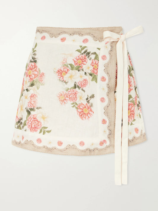 Image of Swimwear. Product name - Luna Paraiso Floral-printed Linen Mini Skirt in Pink colour by brand - Agua by Agua Bendita