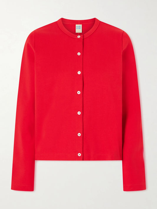 Image of a model wearing Outerwear. Product name - Poppy Organic Cotton-jersey Cardigan in Red colour by brand - FLORE FLORE