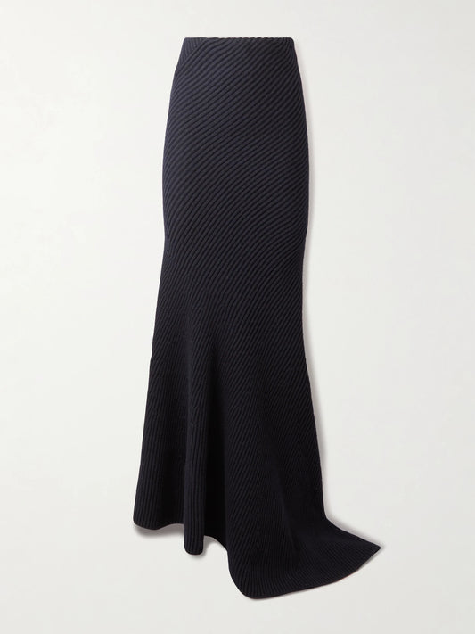 Image of a model wearing Skirts. Product name - Asymmetric Ribbed Wool And Cashmere-blend Skirt in Navy colour by brand - Alaïa