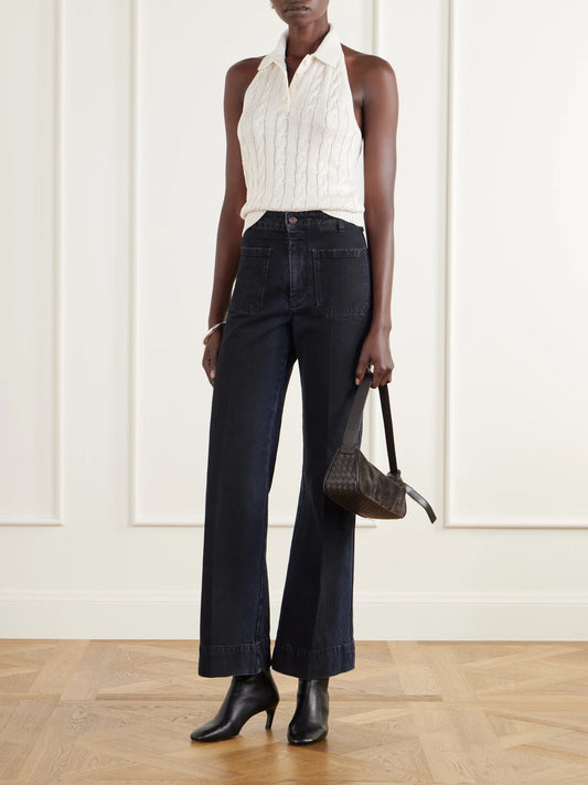 Image of a model wearing Outerwear. Product name - Cable-knit Silk-blend Halterneck Sweater Vest in Cream colour by brand - Ralph Lauren Collection
