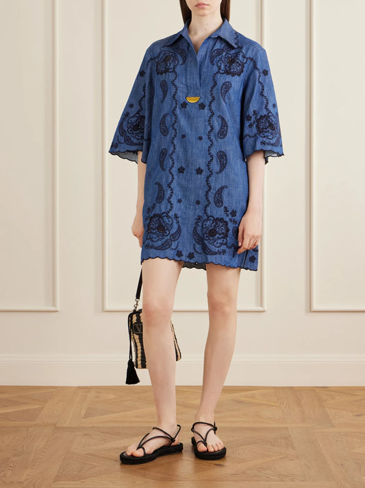 Image of Dresses. Product name - Aster Broderie Anglaise-trimmed Cotton-denim Mini Dress in Blue colour by brand - Zimmermann