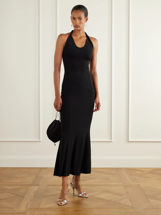 Image of Dresses. Product name - Eleanor Stretch-jersey Halterneck Midi Dress in Black colour by brand - TOVE