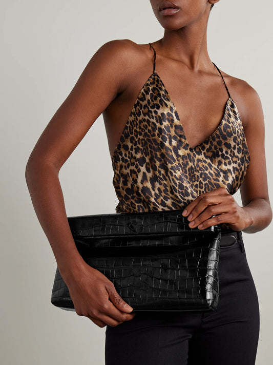 Image of Bags. Product name - Jerry Croc-effect Leather Clutch in Black colour by brand - Nili Lotan