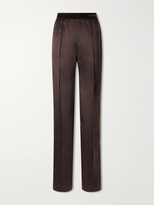Image of a model wearing Pants. Product name - Velvet-trimmed Silk-satin Straight-leg Pants in Brown colour by brand - TOM FORD