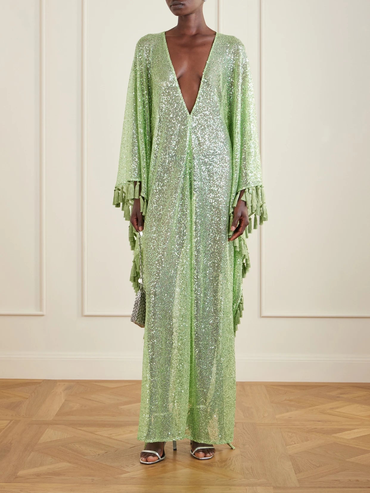 Image of Dresses. Product name - Sequined Fringed Gown in Green colour by brand - Taller Marmo