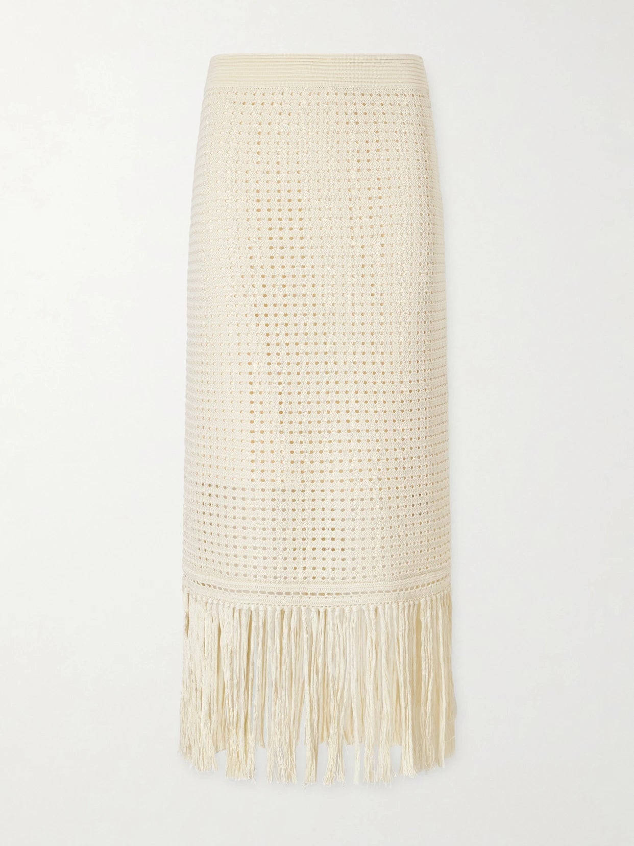 Image of a model wearing Skirts. Product name - Indra Fringed Crocheted Cotton Maxi Skirt in Cream colour by brand - Zimmermann